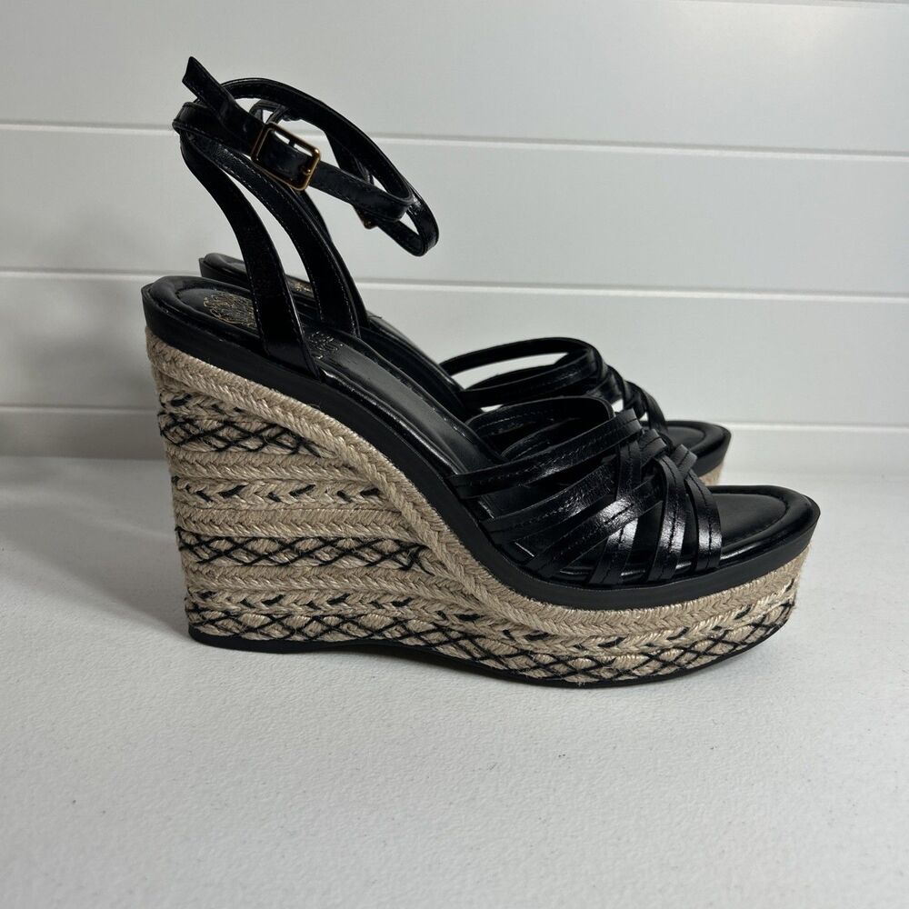 Vince Camuto Sandals Women’s Size 8 Black Parys Leather Espadrille Wedge 5”